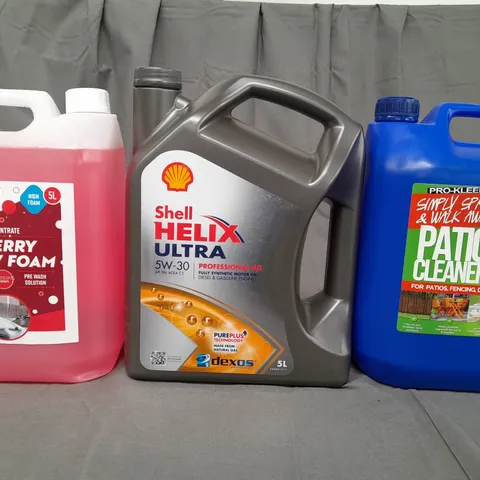 THREE ASSORTED LIQUID ITEMS TO INCLUDE HIGH FOAM CONCENTRATE, SHELL HELIX ULTRA, AND PATIO CLEANER - COLLECTION ONLY