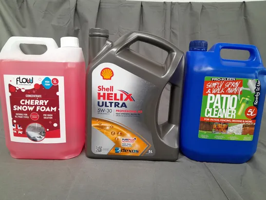 THREE ASSORTED LIQUID ITEMS TO INCLUDE HIGH FOAM CONCENTRATE, SHELL HELIX ULTRA, AND PATIO CLEANER - COLLECTION ONLY
