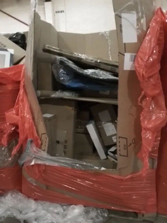 PALLET OF APPROXIMATELY ASSORTED HOUSEHOLD ITEMS TO INCLUDE PICTURE FRAMES , MOVABLE DESKS AND CUSHIONS 