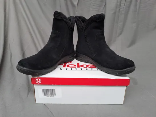 BOXED PAIR OF RIEKER CUFF DETAIL WATER RESISTANT BOOTS IN BLACK - SIZE 6