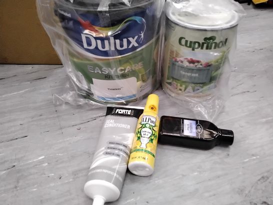 TOTE OF ASSORTED ITEMS INCLUDING DULUX TIMELESS WALL PAINT, CUPRINOL SEAGRASS WOOD PAINT, FORTE SEAL CONDITIONER, LEMON IDOL TOILET SPRAY, STRAWBERRY AND PEAR FRAGRANCE OIL