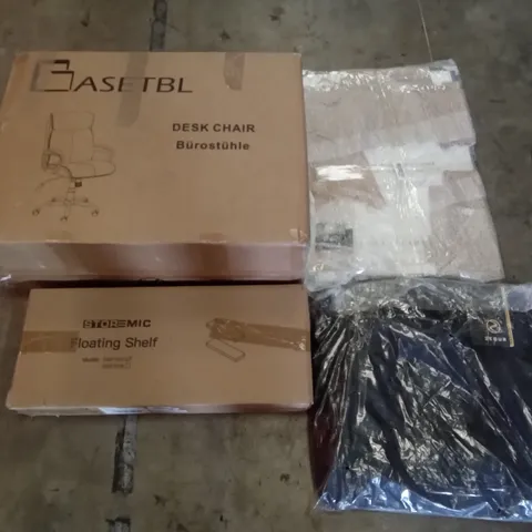 PALLET OF ASSORTED ITEMS INCLUDING GASETBL DESK CHAIR, STOREMIC FLOATING SHELF, POSTER FRAME, ZEGUR GARMENT CARRIER, THERMOSTATIC SHOWER MIXER SYSTEM