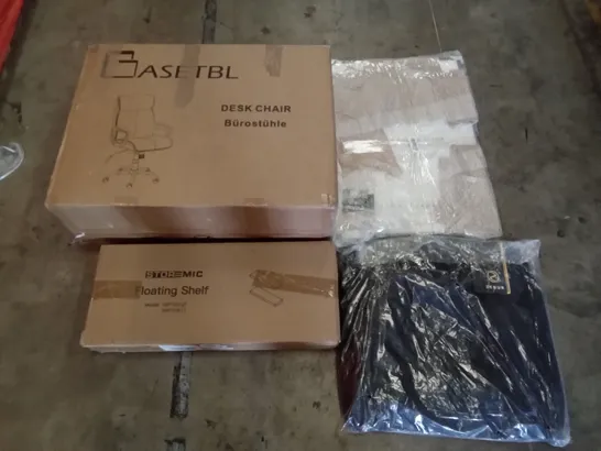 PALLET OF ASSORTED ITEMS INCLUDING GASETBL DESK CHAIR, STOREMIC FLOATING SHELF, POSTER FRAME, ZEGUR GARMENT CARRIER, THERMOSTATIC SHOWER MIXER SYSTEM