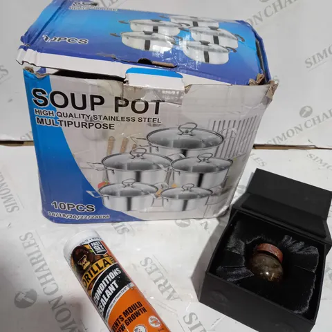 BOX OF ASSORTED ITEMS APPROXIMATELY 15 TO INCLUDE SOUP POT, GORILLA GLUE, SUNDAR MARBLE STONE ETC