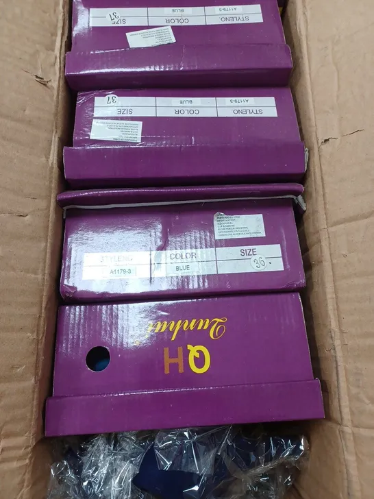 BOX OF APPROXIMATELY 10 PAIRS OF QUNHUI BLUE HIGH HEELED SHOES 