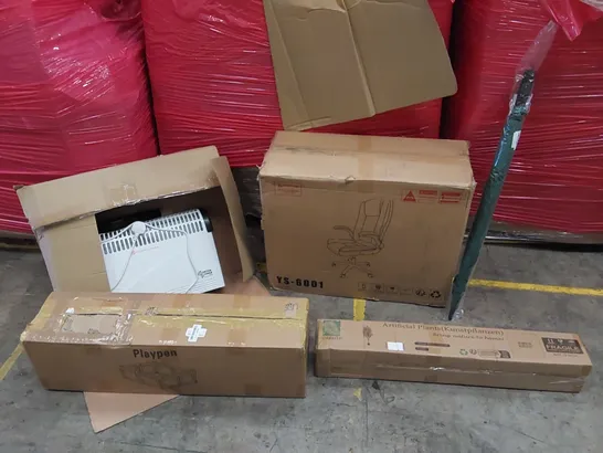 PALLET OF ASSORTED ITEMS INCLUDING: OFFICE CHAIR, CONVECTOR HEATER, PLAYPEN, ARTIFICIAL PLANTS, UMBRELLA 