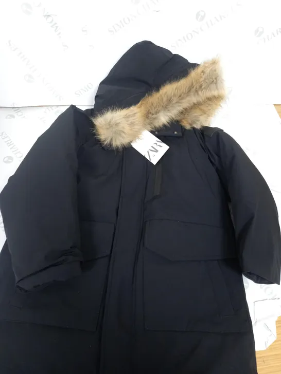 ZARA BLACK PADDED COAT WITH FUR HOOD-  8-9 YEARS OLD 