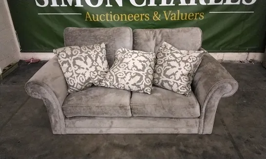 DESIGNER SILVER PLUSH FABRIC 2 SEATER SOFA WITH SCATTERBACK CUSHIONS