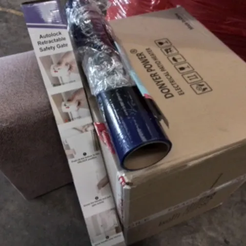 PALLET OF ASSORTED HOUSEHOLD ITEMS TO INCLUDE ELECTRONIC PATIO HEATER, SAFETY GATE AND CARPET PROTECTOR 