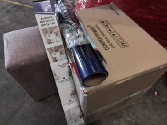 PALLET OF ASSORTED HOUSEHOLD ITEMS TO INCLUDE ELECTRONIC PATIO HEATER, SAFETY GATE AND CARPET PROTECTOR 