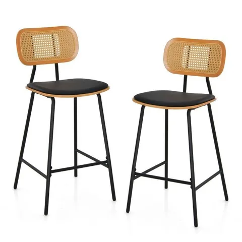 BOXED COSTWAY FAUX LEATHER BAR-HEIGHT STOOLS WITH RATTAN BACKREST FOR BAR COUNTER