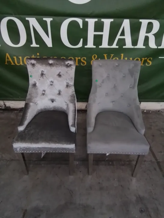 2 X DESIGNER LUXURY FABRIC STUDDED DINING CHAIRS // ONE CHAIR IN GREY, ONE CHAIR IN METALLIC GREY 