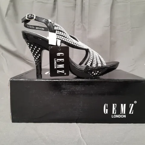 BOX OF APPROXIMATELY 10 BOXED PAIRS OF GEMZ LONDON OPEN TOE HEELED SANDALS IN BLACK W. JEWEL EFFECT - VARIOUS SIZES