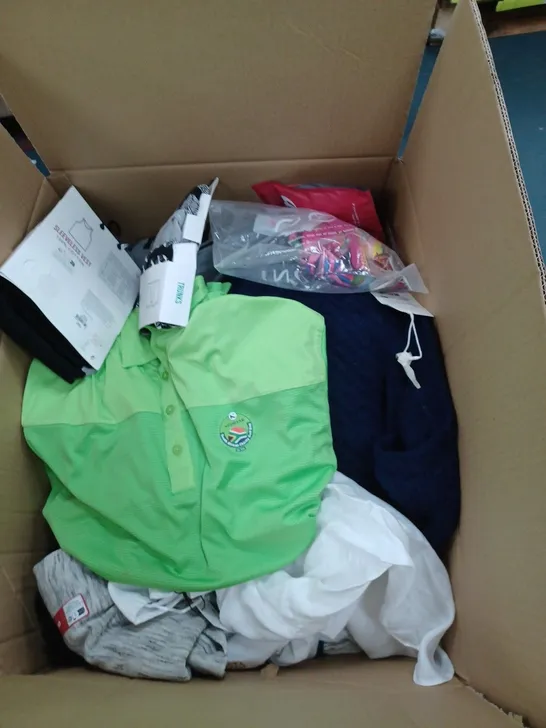 BOX OF ASSORTED CLOTHING ITEMS TO INCLUDE SWEATER, SOCKS, VESTS ETC 