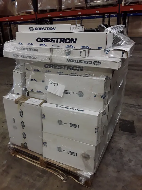 PALLET CONTAINING ASSORTED CRESTRON PRODUCTS INCLUDING TABLE TOP CONFERENCE SYSTEMS, GRAVITY CABLE RETRACTORS FOR FT2 SERIES & UNDERTABLE SHELVES FOR FT2 SERIES 