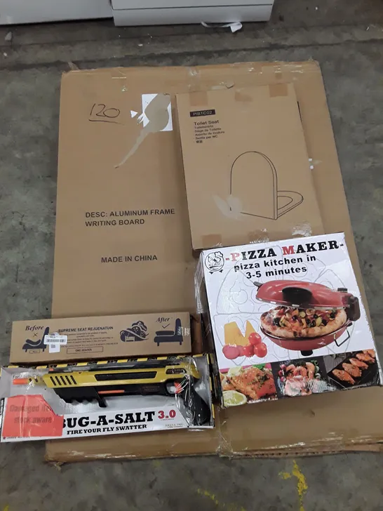 PALLET OF ASSORTED PRODUCTS INCLUDING ALUMINIUM FRAME WRITING BOARD, TOILET SEAT, PIZZA MAKER, SUPREME SEAT REJUENATUIN, BUG SALT GUN