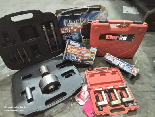 BOX OF MIXED TOOLS TO INCLUDE: CORE DRILL BIT, 9 PIECE TCT CORE DRILL BIT SET, OIL FILTER WRENCH, JUMP START MICRO 180