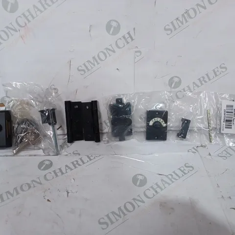 BOX OF APPROX 15 ASSORTED ITEMS TO INCLUDE - VIER DESIGN 40MM NIGHTLATCH IN POWDER COAT BLACK - TOILET INDICATOR BOLT - JEDO COLLECTION BALL BEARING HINGE 