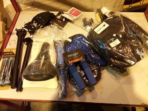 ASSORTED BICYCLE ITEMS, INCLUDING, BAR GRIPS, SADDLE, SADDLE COVER, SIDE STANDS, BRAKE LIGHT, SRAM GEAR CHANGE LEVER, CYCLING BIB XL, PAIR SHORT MUDGUARDS.
