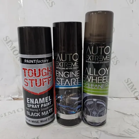 APPROXIMATELY 20 ASSORTED AERSOLS TO INCLUDE PAINTFACTORY TOUGH STUFF ENAMEL SPRAY PAINT IN BLACK MAT (400ml), AUTO EXTREME ENGINE STAT (300ml), AUTO EXTREME ALLOY WHEEL CLEANER (300ml), ETC - COLLECT