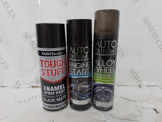 APPROXIMATELY 20 ASSORTED AERSOLS TO INCLUDE PAINTFACTORY TOUGH STUFF ENAMEL SPRAY PAINT IN BLACK MAT (400ml), AUTO EXTREME ENGINE STAT (300ml), AUTO EXTREME ALLOY WHEEL CLEANER (300ml), ETC - COLLECT