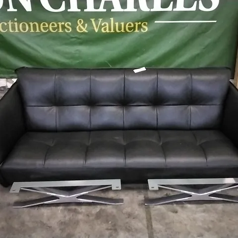 QUALITY ITALIAN DESIGNER SEVILLE BLACK LEATHER LARGE SOFA WITH CHROME LEGS