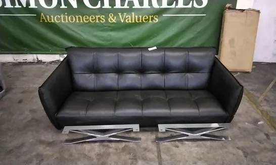 QUALITY ITALIAN DESIGNER SEVILLE BLACK LEATHER LARGE SOFA WITH CHROME LEGS