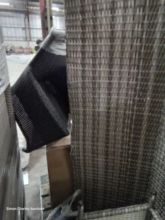 PALLET OF GREY RATTAN FURNITURE PARTS, INCLUDING,N2 × SOFA SECTIONS, FOOTSTOOL & BLACK RATTAN CHAIR 