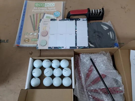 APPROXIMATELY 10 ASSORTED HOUSEHOLD ITEMS TOO INCLUDE GOLF BALLS, PUNCHED POCKETS, AND WEEKLY PLANNER ETC. 