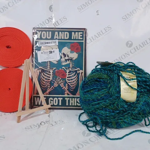 BOX OF APPROXIMATELY 20 ASSORTED HOUSEHOLD ITEMS TO INCLUDE KNITTING YARN, DECORATIVE METAL POSTER, ETC