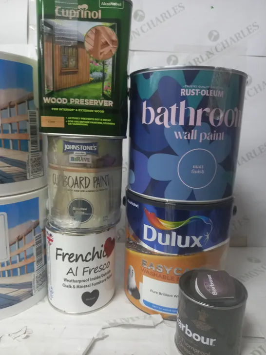 LOT OF 14 ASSORTED PAINTS TO INCLUDE CUPRINOL, RUST-OLEUM AND FRENCHIC - COLLECTION ONLY