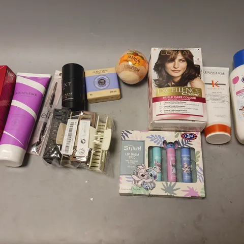 BOX OF APPROXIMATELY 20 COSMETIC ITEMS TO INCLUDE - FOAMING BATH MILK, BATH BOMB, STITCH LIP BALM TRIO, AND NEXT DEODRANT ETC.