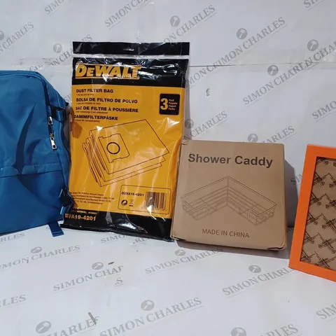 BOX OF APPROXIMATELY 12 ASSORTED ITEMS TO INCLUDE - DEWALT DUST FILTER BAG - SHOWER CADDY - LIGHT BLUE BAG ECT