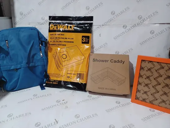 BOX OF APPROXIMATELY 12 ASSORTED ITEMS TO INCLUDE - DEWALT DUST FILTER BAG - SHOWER CADDY - LIGHT BLUE BAG ECT