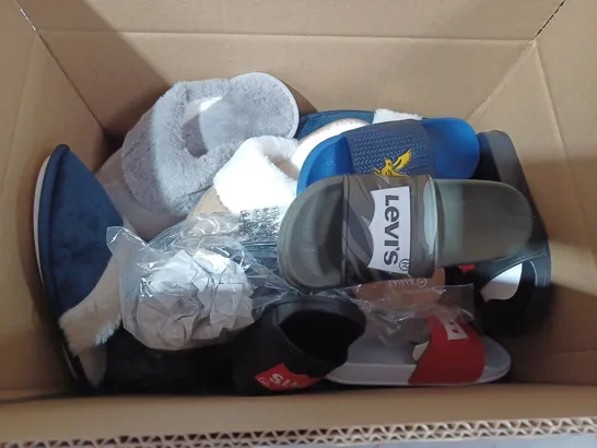 BOX OF APPROX. 10 ASSORTED SHOE TO INCLUDE - LEVIS SLIDERS - LYLE & SCOTT SLIDERS - FARAH ECT 