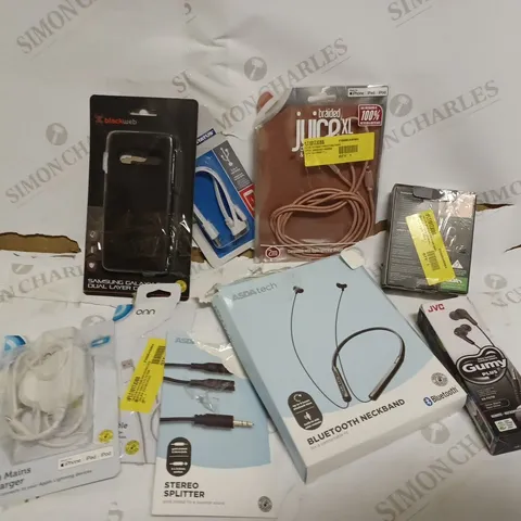 BOX OF ASSORTED ASDA ELECTRICALS INCLUDING - JUICE XL APPLE COMPATIBLE WIRE, WIRELESS, EARPHONES