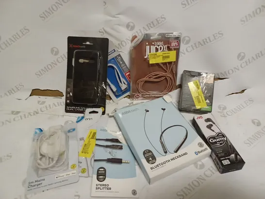 BOX OF ASSORTED ASDA ELECTRICALS INCLUDING - JUICE XL APPLE COMPATIBLE WIRE, WIRELESS, EARPHONES