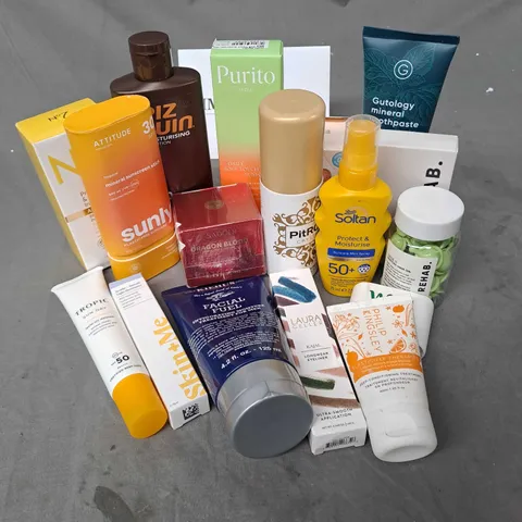 APPROXIMATELY 20 ASSORTED COSMETIC PRODUCTS TO INCLUDE PURITO DAILY TOUCH SUNCREAM, NO7 BB FACIAL SUN PROTECTION, REHAB DOSE 0 HAIR OIL ETC