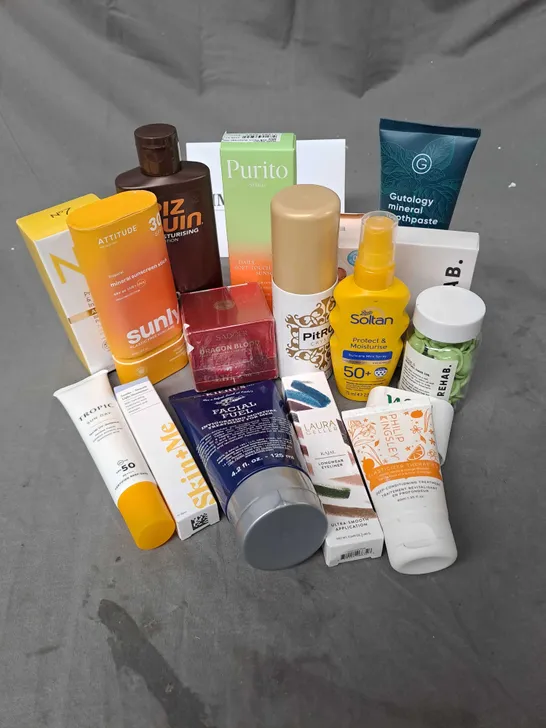 APPROXIMATELY 20 ASSORTED COSMETIC PRODUCTS TO INCLUDE PURITO DAILY TOUCH SUNCREAM, NO7 BB FACIAL SUN PROTECTION, REHAB DOSE 0 HAIR OIL ETC