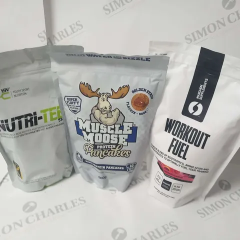 SIX ASSORTED FOOD SUPPLEMENTS TO INCLUDE; NUTRI-TEEN SHAKE, MUSCLE MOOSE PROTEIN PANCAKES AND MARCHINWORKOUT FUEL