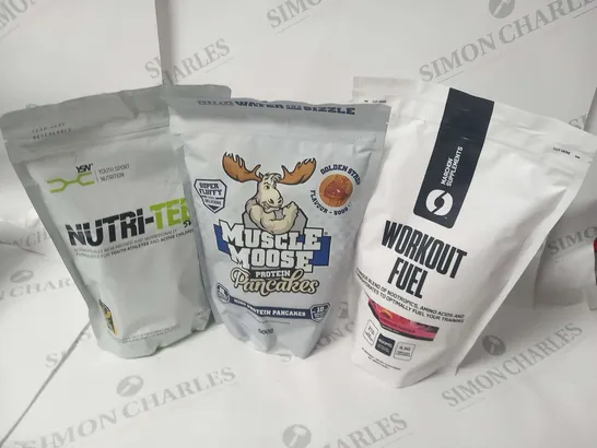 SIX ASSORTED FOOD SUPPLEMENTS TO INCLUDE; NUTRI-TEEN SHAKE, MUSCLE MOOSE PROTEIN PANCAKES AND MARCHINWORKOUT FUEL