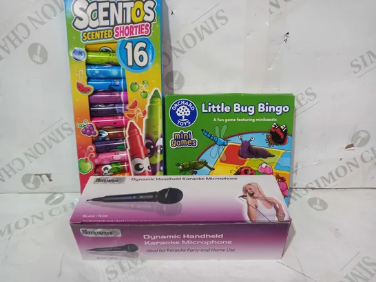 BOX OF APPROXIMATELY 15 ASSORTED TOYS AND GAMES TO INCLUDE SCENTOS SCENTED SHORTIES, ORCHARD TOYS LITTLE BUG BINGO, DYNAMIC HANDHELD KARAOKE MICROPHONE, ETC