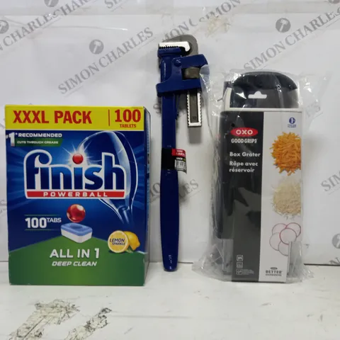 BOX OF APPROXIMATELY 20 ASSORTED HOUSEHOLD ITEMS TO INCLUDE FINISH POWERBALL XXXL PACK, PIPE WRENCH, BOX GRATER, ETC