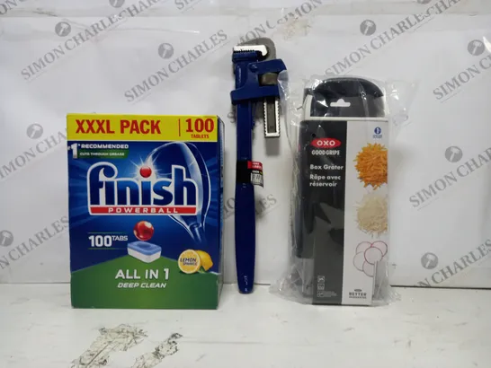 BOX OF APPROXIMATELY 20 ASSORTED HOUSEHOLD ITEMS TO INCLUDE FINISH POWERBALL XXXL PACK, PIPE WRENCH, BOX GRATER, ETC