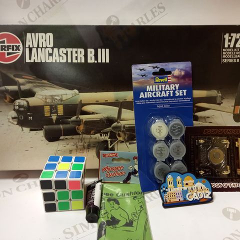 LOT OF ASSORTED ITEMS TO INCLUDE AIRFIX AVRO LANCASTER B.III 1:72 MODEL KIT, REVELL MILITARY AIRCRAFT ACRYLIC PAINT SET, BOOK OF THE DEAD/LIVING PIN SET, ETC. 
