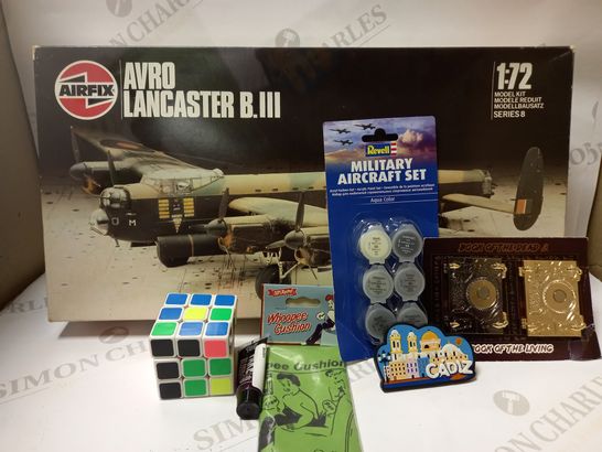 LOT OF ASSORTED ITEMS TO INCLUDE AIRFIX AVRO LANCASTER B.III 1:72 MODEL KIT, REVELL MILITARY AIRCRAFT ACRYLIC PAINT SET, BOOK OF THE DEAD/LIVING PIN SET, ETC. 