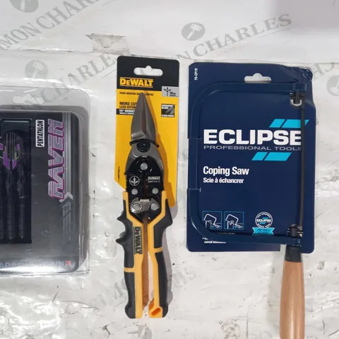 LOT OF APPROXIMATELY 10 ASSORTED HOUSEHOLD ITEMS TO INCLUDE ECLIPSE COPING SAW, DEWALT ERGO AVIATION SNIPS, PENTATHLON RAVEN DARTS, ETC