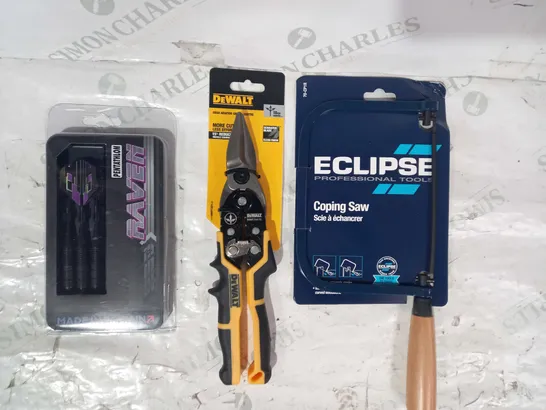 LOT OF APPROXIMATELY 10 ASSORTED HOUSEHOLD ITEMS TO INCLUDE ECLIPSE COPING SAW, DEWALT ERGO AVIATION SNIPS, PENTATHLON RAVEN DARTS, ETC