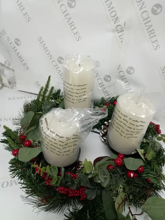 HOME REFLECTIONS 3 IN 1 FLAMELESS CANDLE WITH WREATH SET RED BERRY