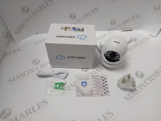 BOXED CLOUD STORAGE WI-FI SMART CAMERA FOR ANDROID AND IOS, WITH FITTINGS, CABLE AND INSTRUCTIONS